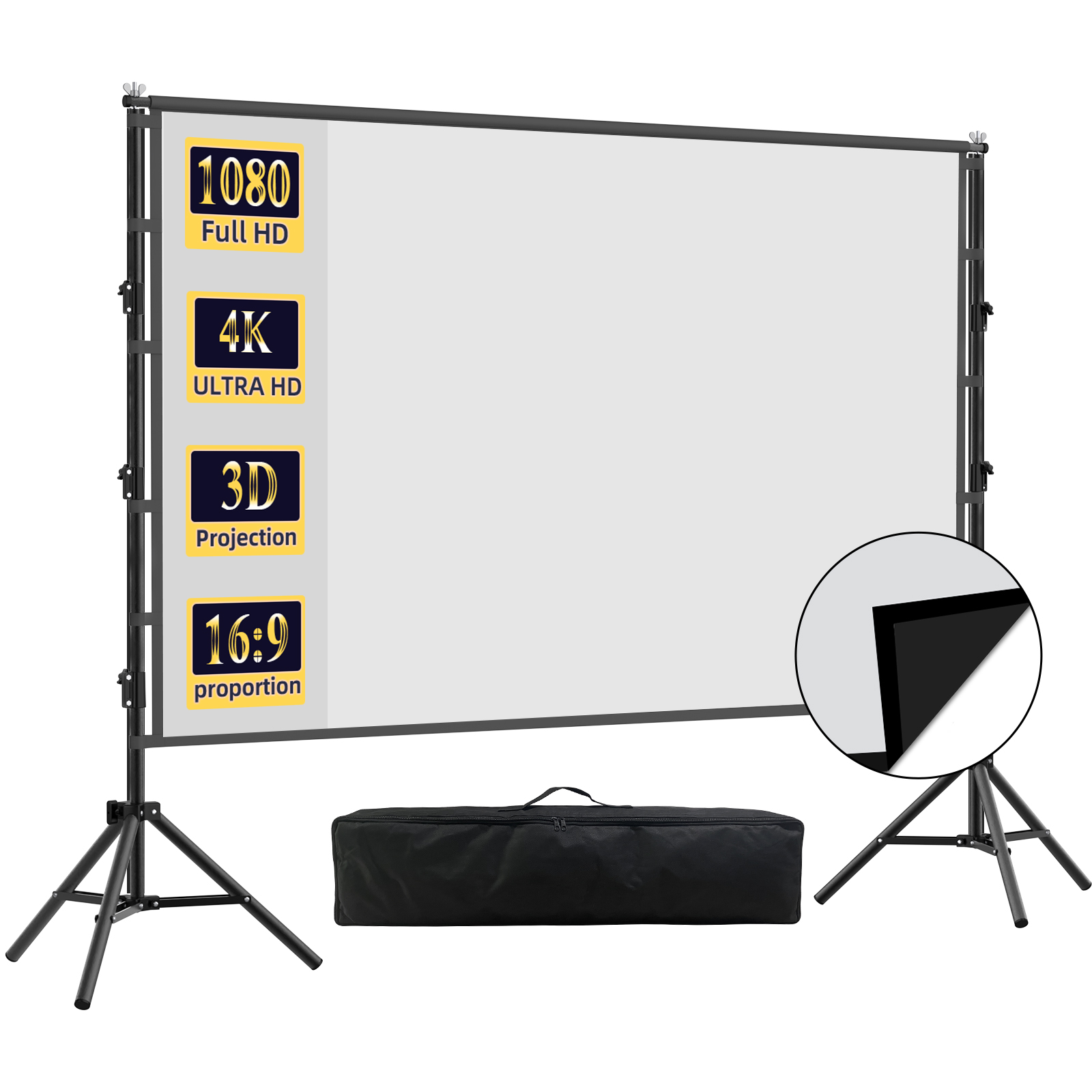 Home Cinema Screen - VEIDADZ Projektionsleinwand mit Ständer, schwarzer Hintergrund,